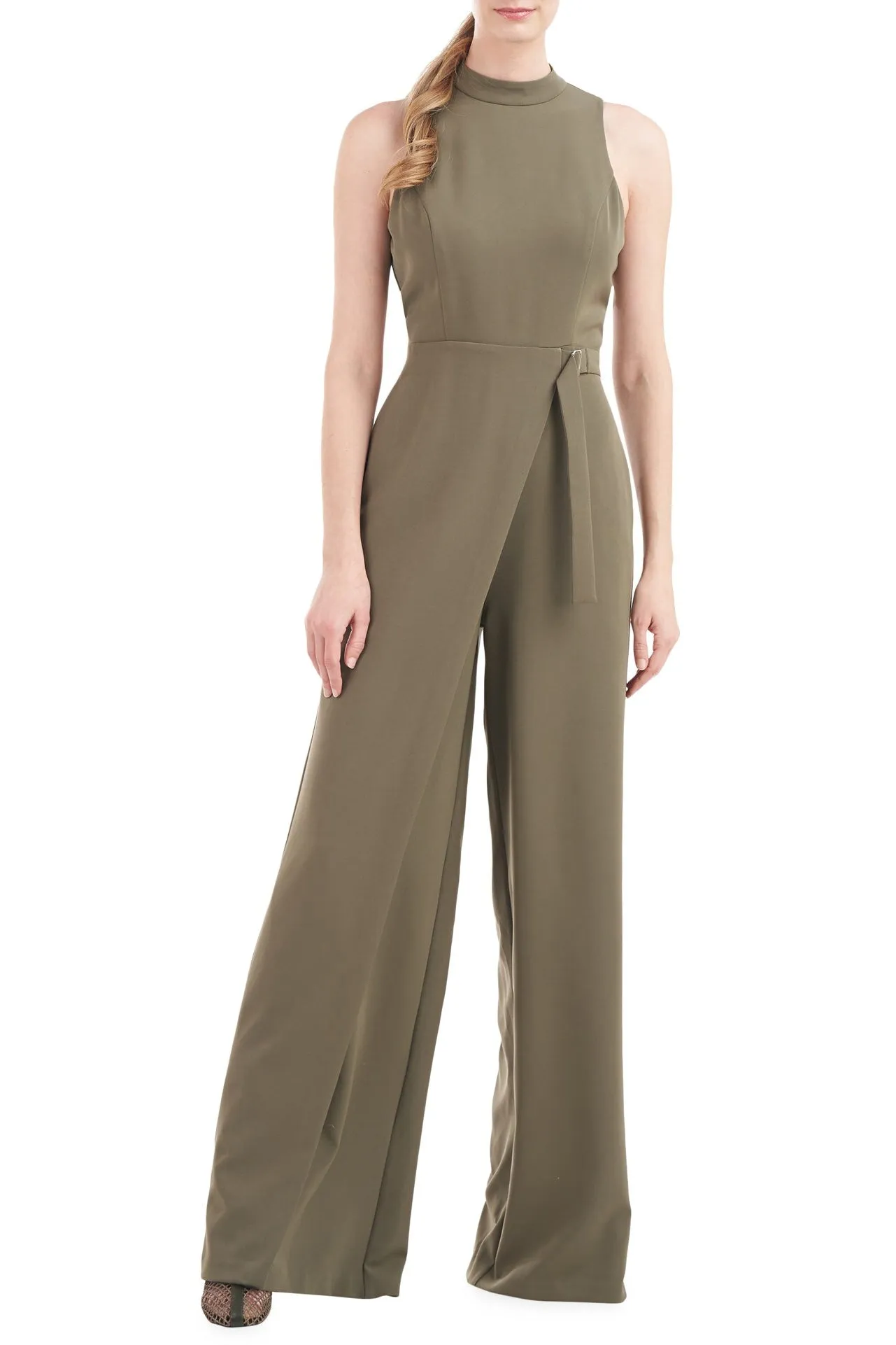 Kay Unger Turtleneck Sleeveless Asymmetrical Belted Overlay Wide Leg Stretch Crepe Jumpsuit