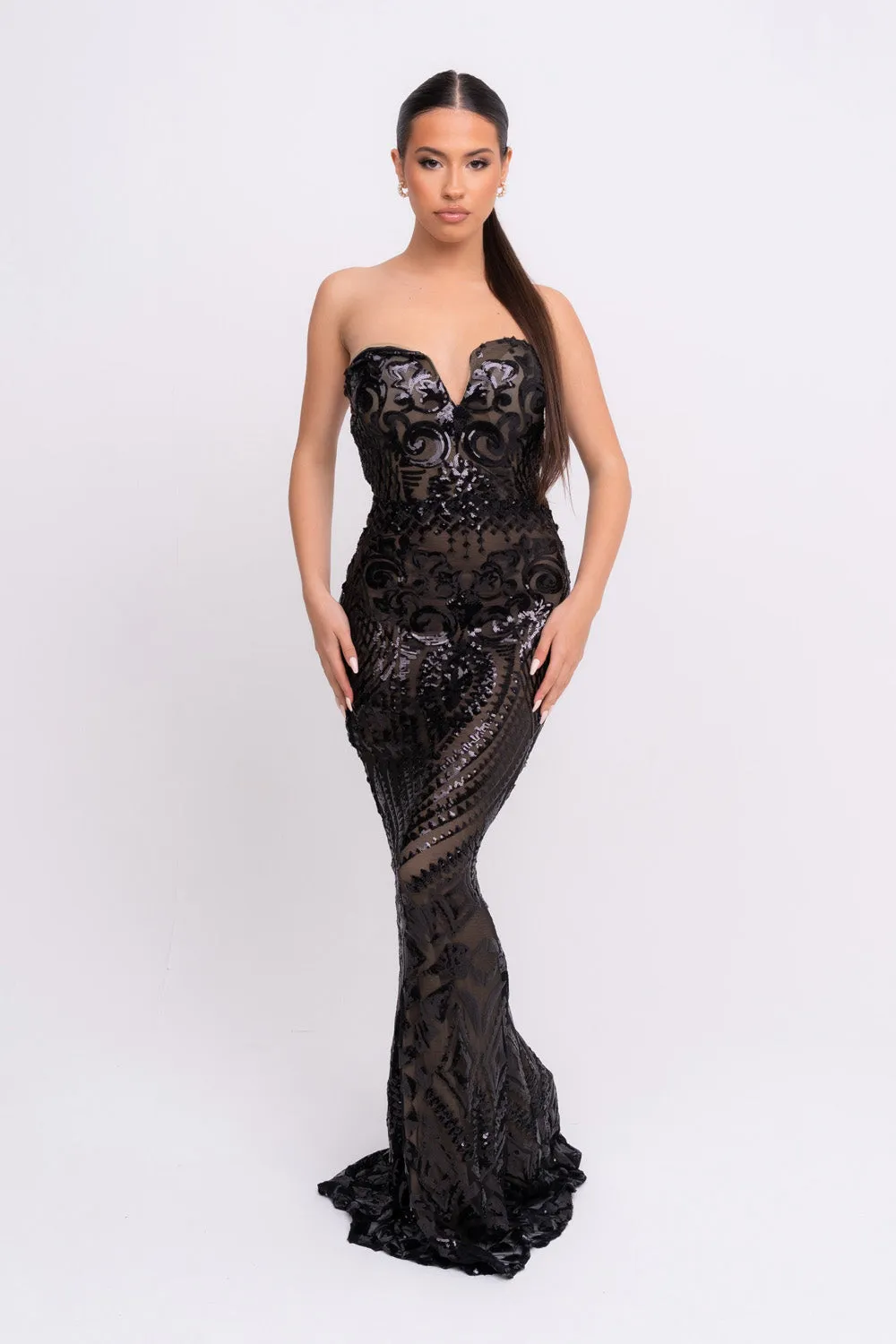 Kenza Black Luxe Sweetheart Plunge Sequin Embellished Fishtail Dress