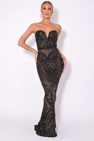 Kenza Black Luxe Sweetheart Plunge Sequin Embellished Fishtail Dress