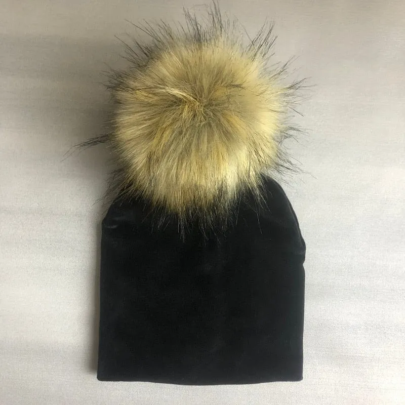 Kids Girls Solid Velvet Hat with Pompon Baby Cap Children's Accessories