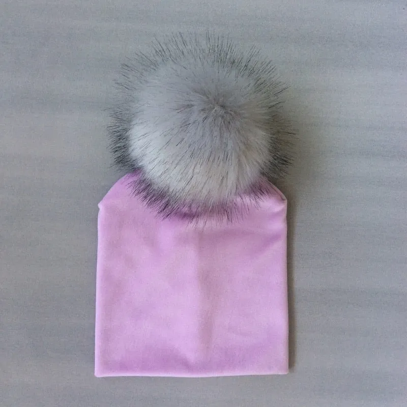 Kids Girls Solid Velvet Hat with Pompon Baby Cap Children's Accessories