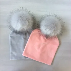 Kids Girls Solid Velvet Hat with Pompon Baby Cap Children's Accessories