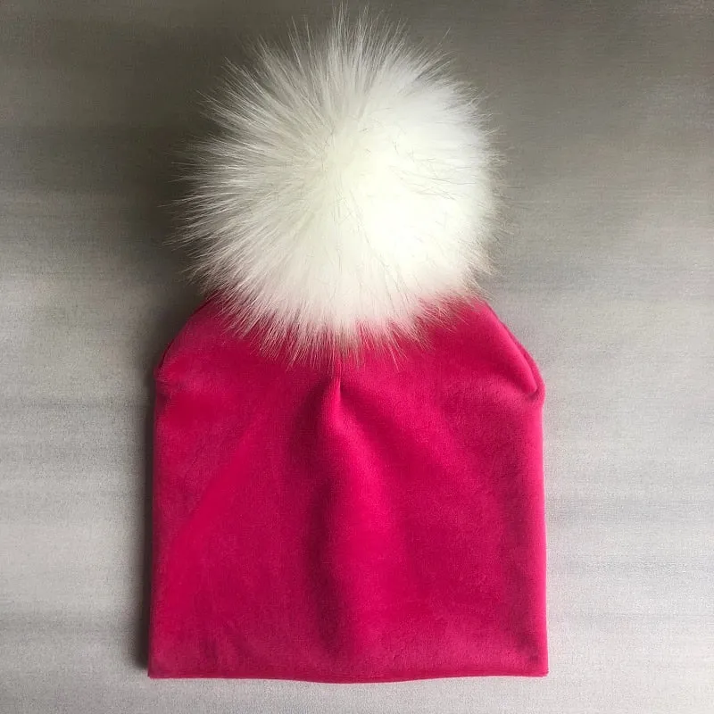 Kids Girls Solid Velvet Hat with Pompon Baby Cap Children's Accessories