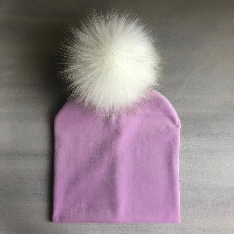 Kids Girls Solid Velvet Hat with Pompon Baby Cap Children's Accessories