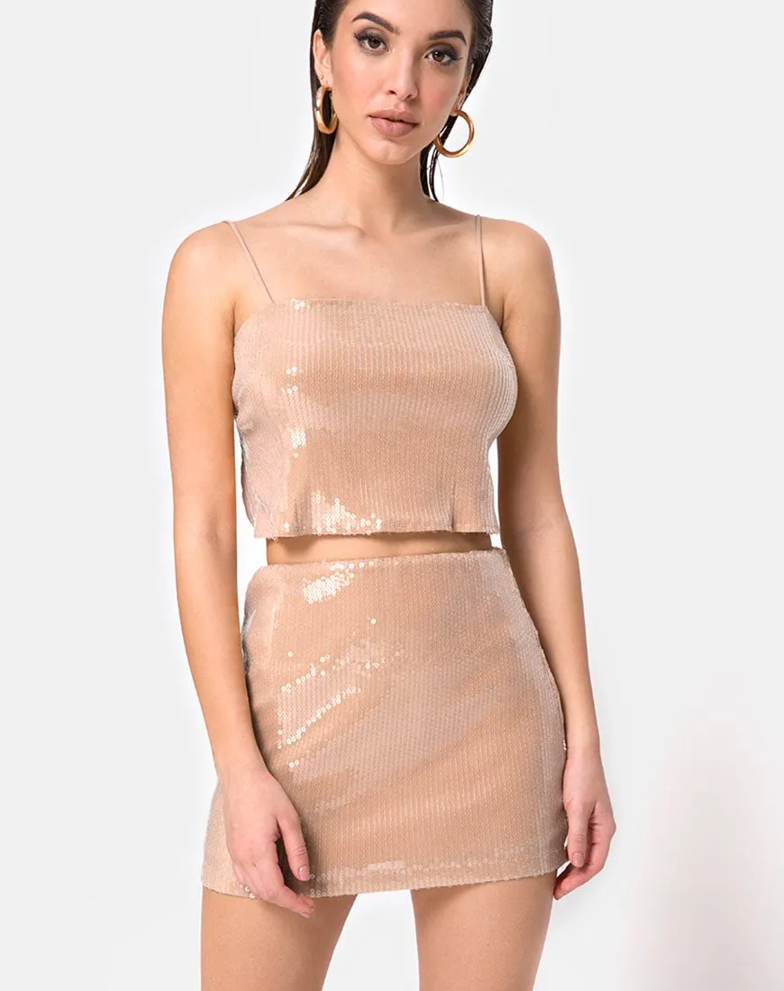 Kimmy Bodycon Skirt in Camel with Clear Sequin