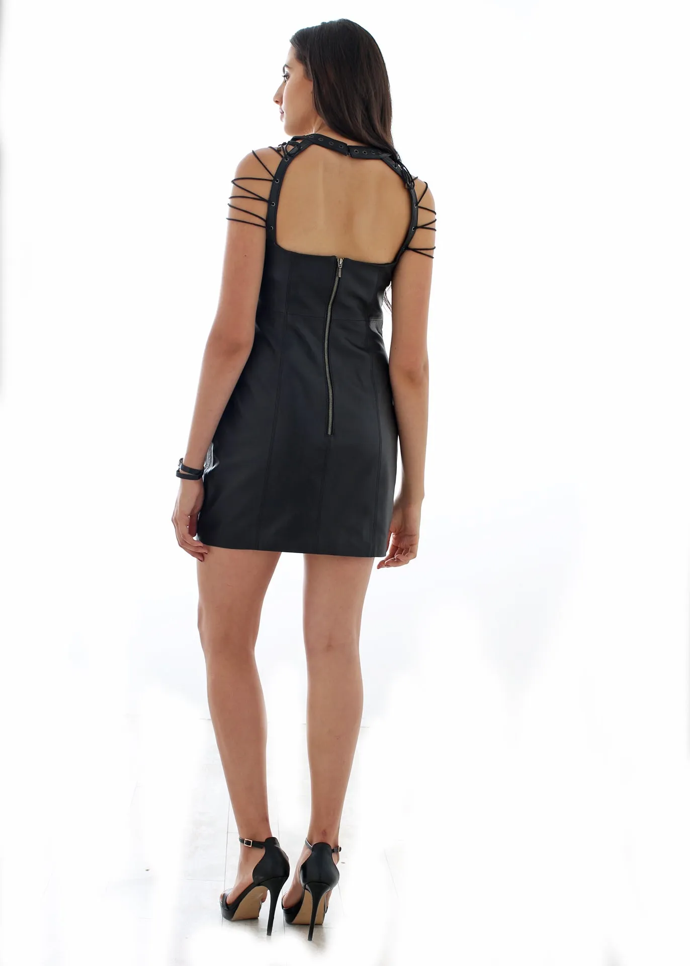 Leather cutout mini body-con dress