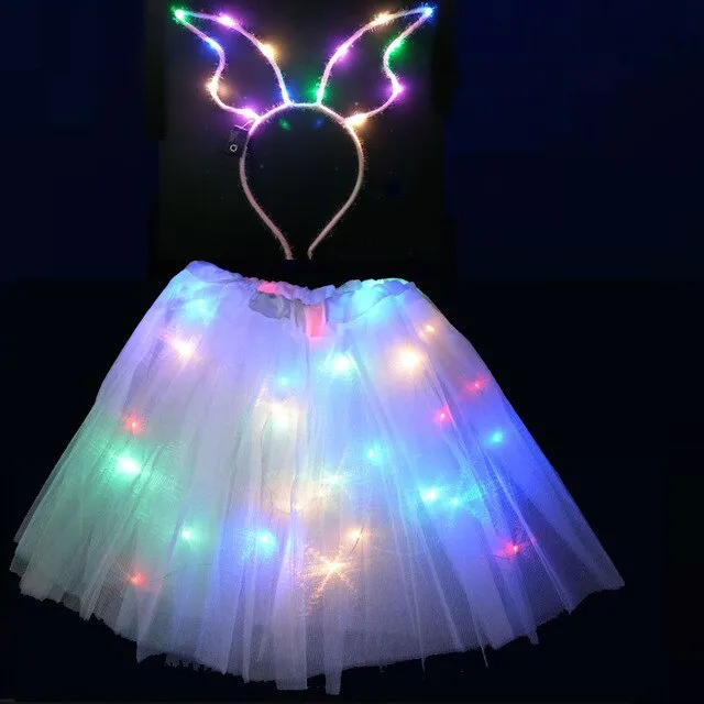 Light LED Flower Girl Kids Clothes Pompon Tutu Skirt Princess Party Tulle Pettiskirt Reindeer Antlers Headband Deer Ear