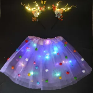 Light LED Flower Girl Kids Clothes Pompon Tutu Skirt Princess Party Tulle Pettiskirt Reindeer Antlers Headband Deer Ear