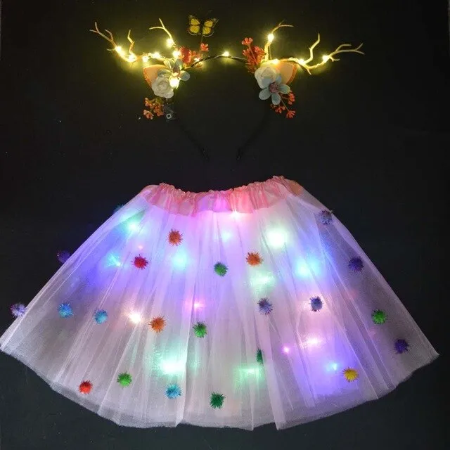 Light LED Flower Girl Kids Clothes Pompon Tutu Skirt Princess Party Tulle Pettiskirt Reindeer Antlers Headband Deer Ear