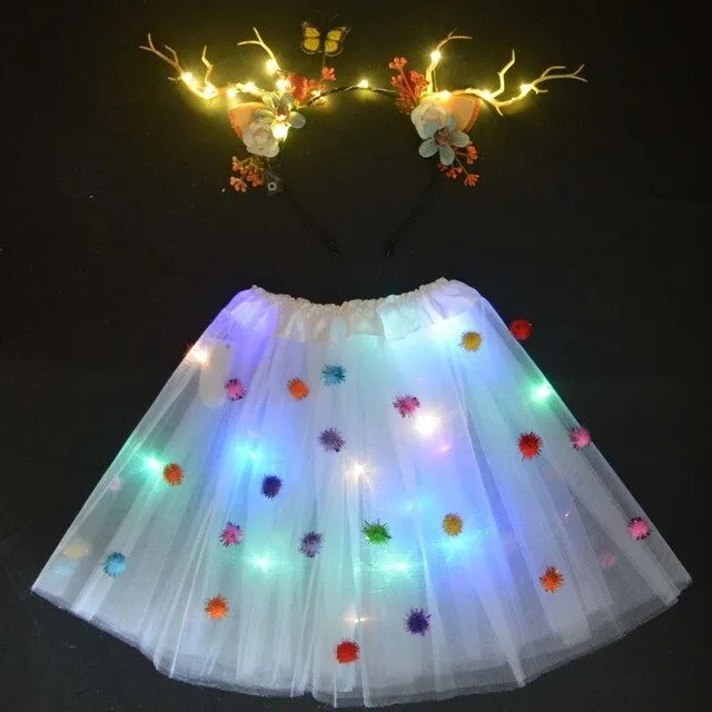 Light LED Flower Girl Kids Clothes Pompon Tutu Skirt Princess Party Tulle Pettiskirt Reindeer Antlers Headband Deer Ear