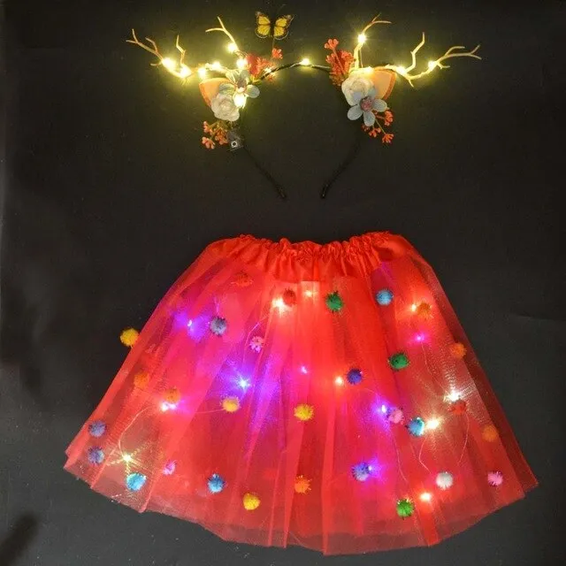 Light LED Flower Girl Kids Clothes Pompon Tutu Skirt Princess Party Tulle Pettiskirt Reindeer Antlers Headband Deer Ear