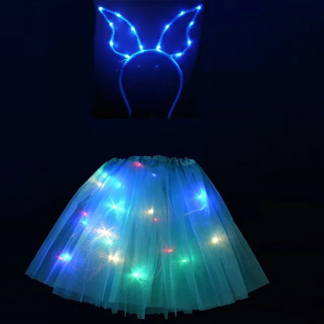 Light LED Flower Girl Kids Clothes Pompon Tutu Skirt Princess Party Tulle Pettiskirt Reindeer Antlers Headband Deer Ear