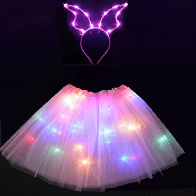 Light LED Flower Girl Kids Clothes Pompon Tutu Skirt Princess Party Tulle Pettiskirt Reindeer Antlers Headband Deer Ear