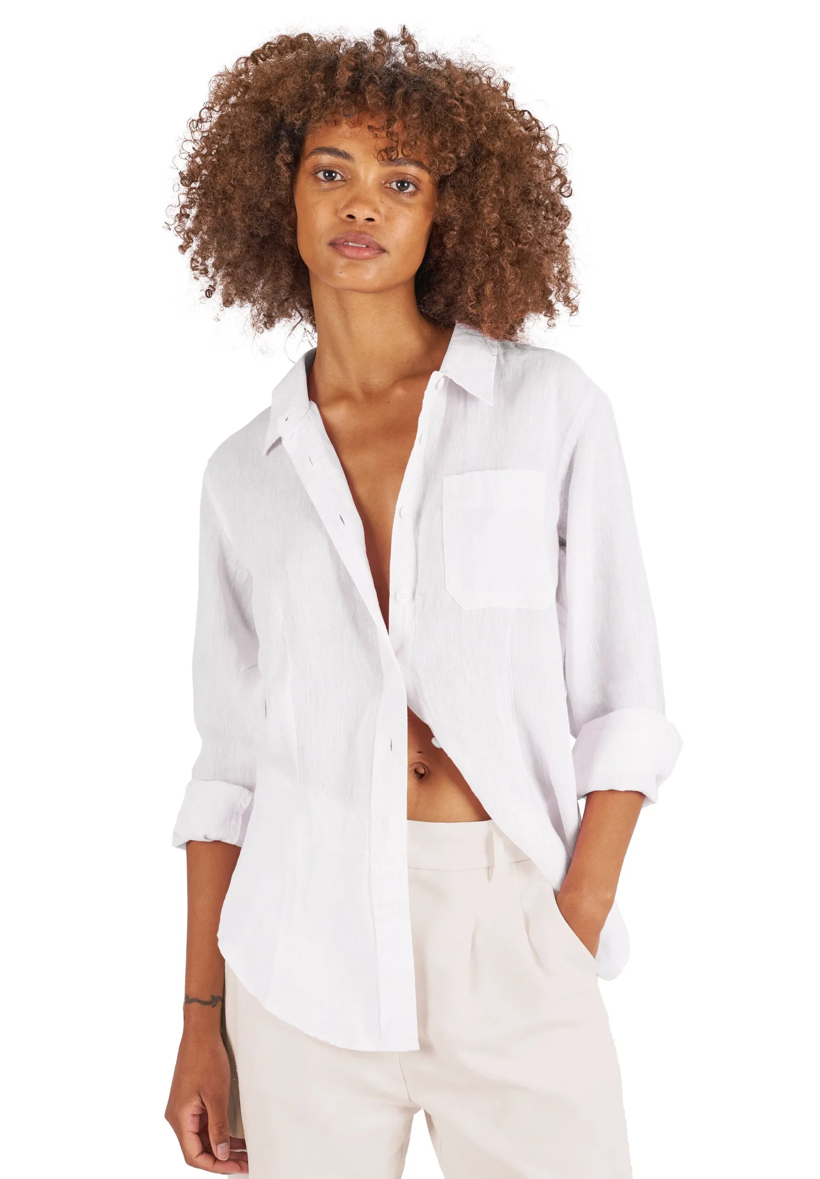 Lina White Slim-Fit Linen Shirt