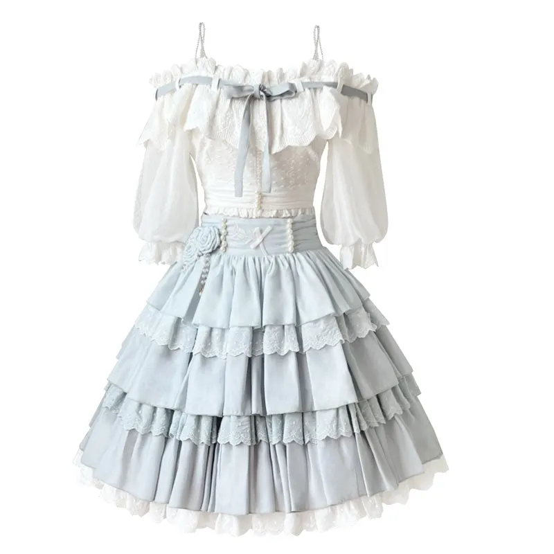 Lolita Flower Academy Princess White Top & Blue Ruffle Skirt Two Piece Set