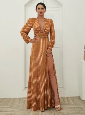 LONG SKIRT WAVE PRINT V-NECK SPLIT LONG SLEEVE DRESS