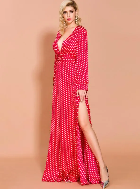 LONG SKIRT WAVE PRINT V-NECK SPLIT LONG SLEEVE DRESS
