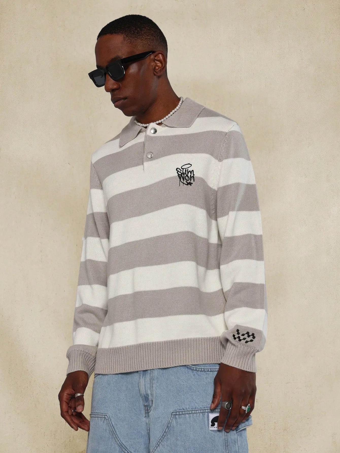 Long Sleeve Stripe Knit Polo Shirt With Embroidery Print