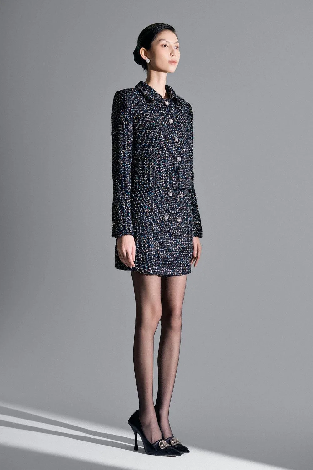 Megan A-line Button Tweed Mini Skirt