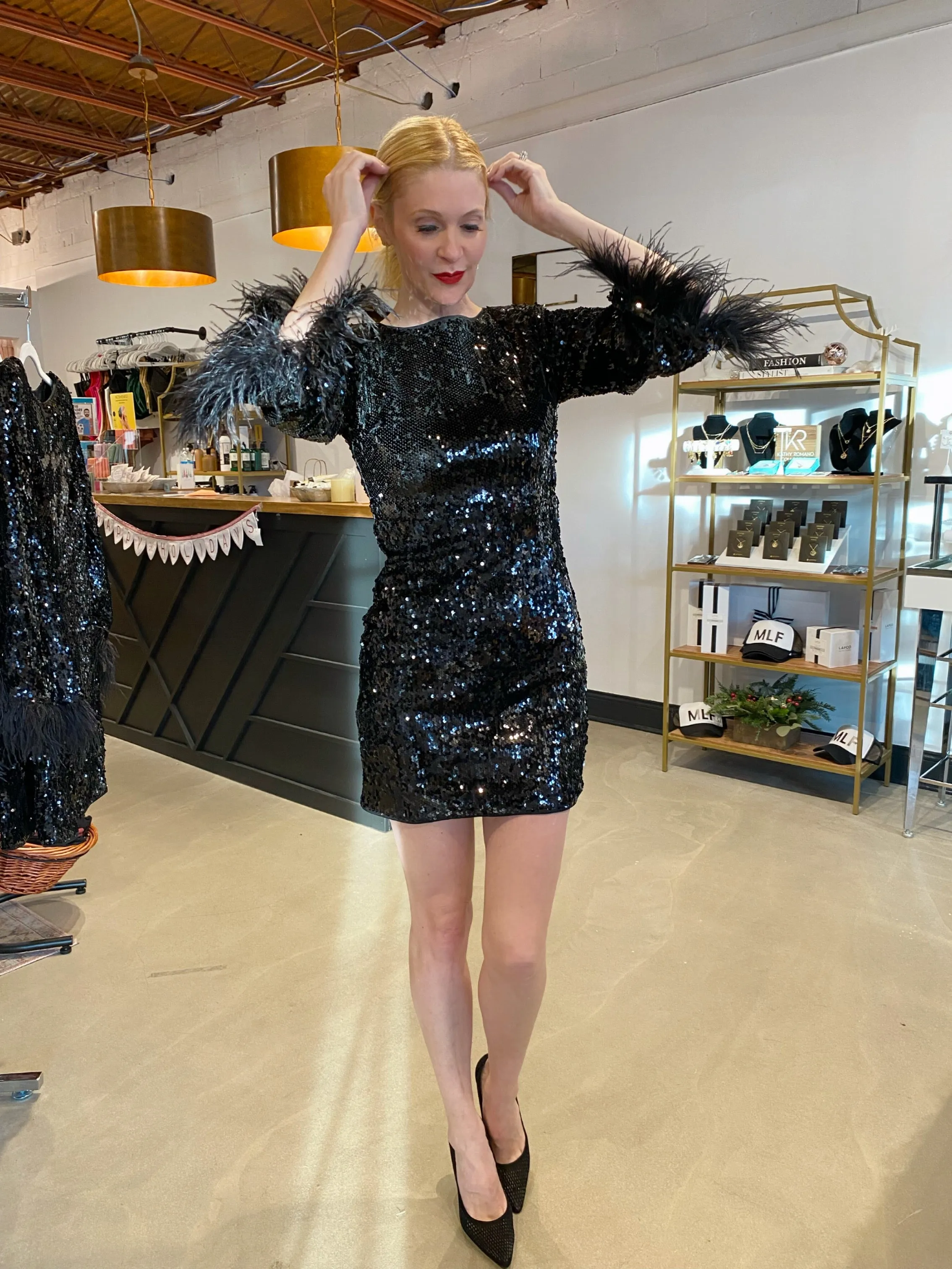 Miranda Sequins Dress with Feather Cuffs