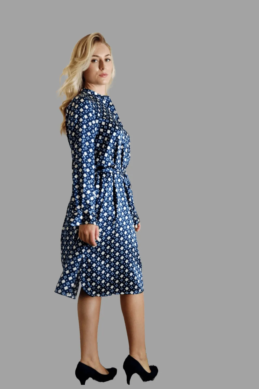 Mulberry Silk Midi Dress in Navy Blue with Diamond Pattern