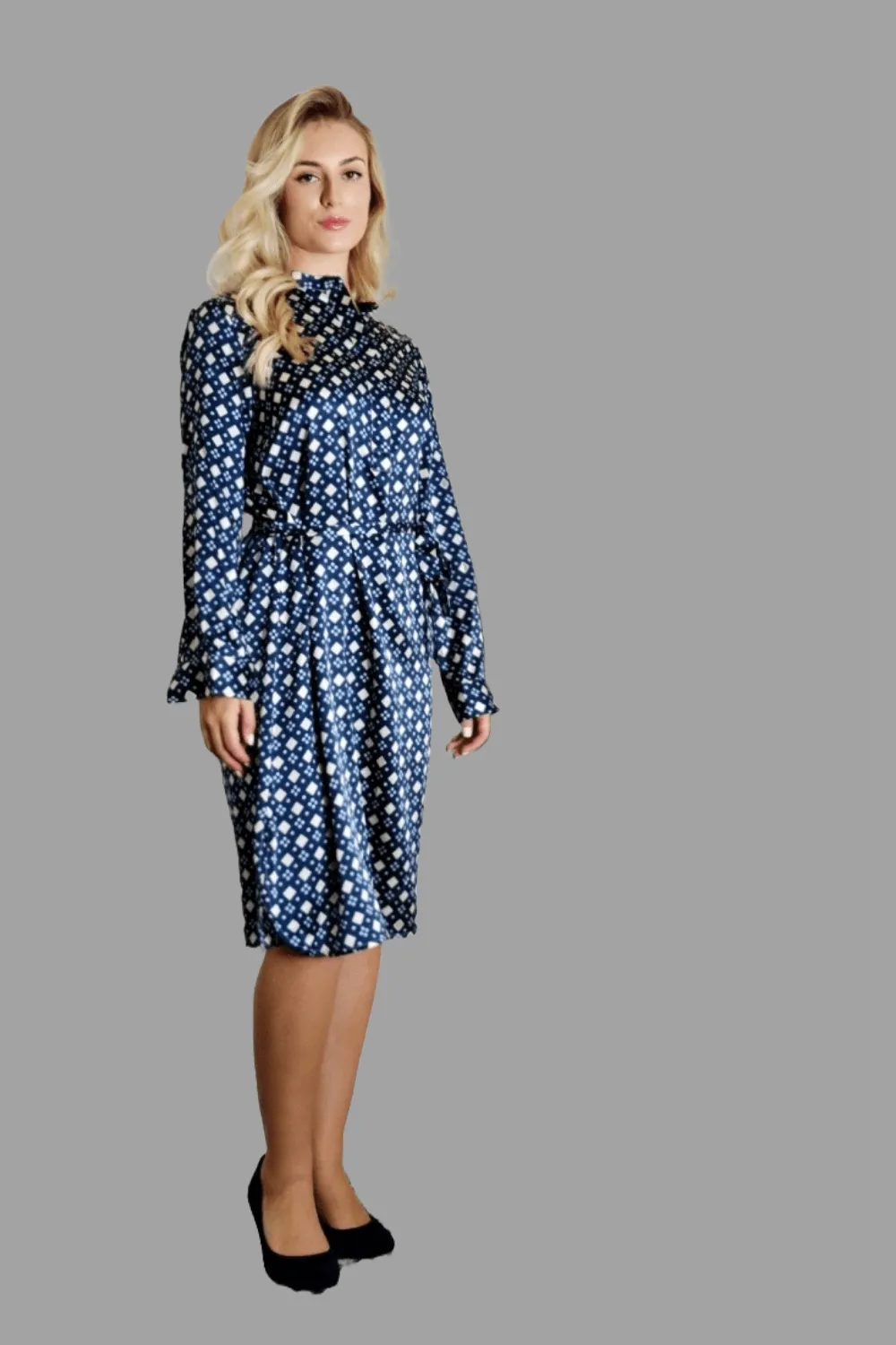 Mulberry Silk Midi Dress in Navy Blue with Diamond Pattern