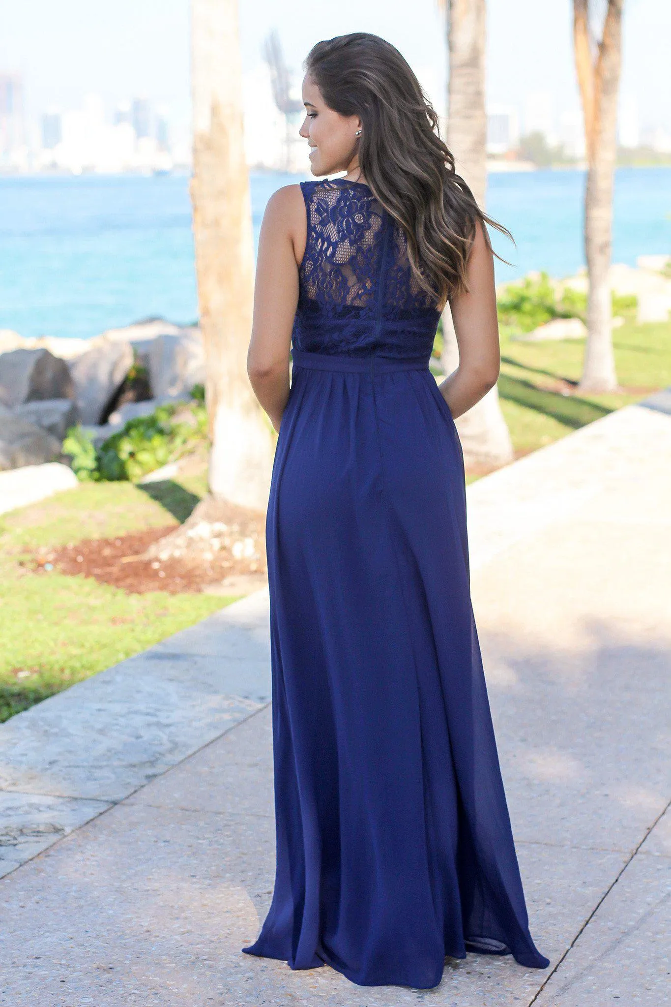 Navy Chiffon Maxi Dress with Lace Top