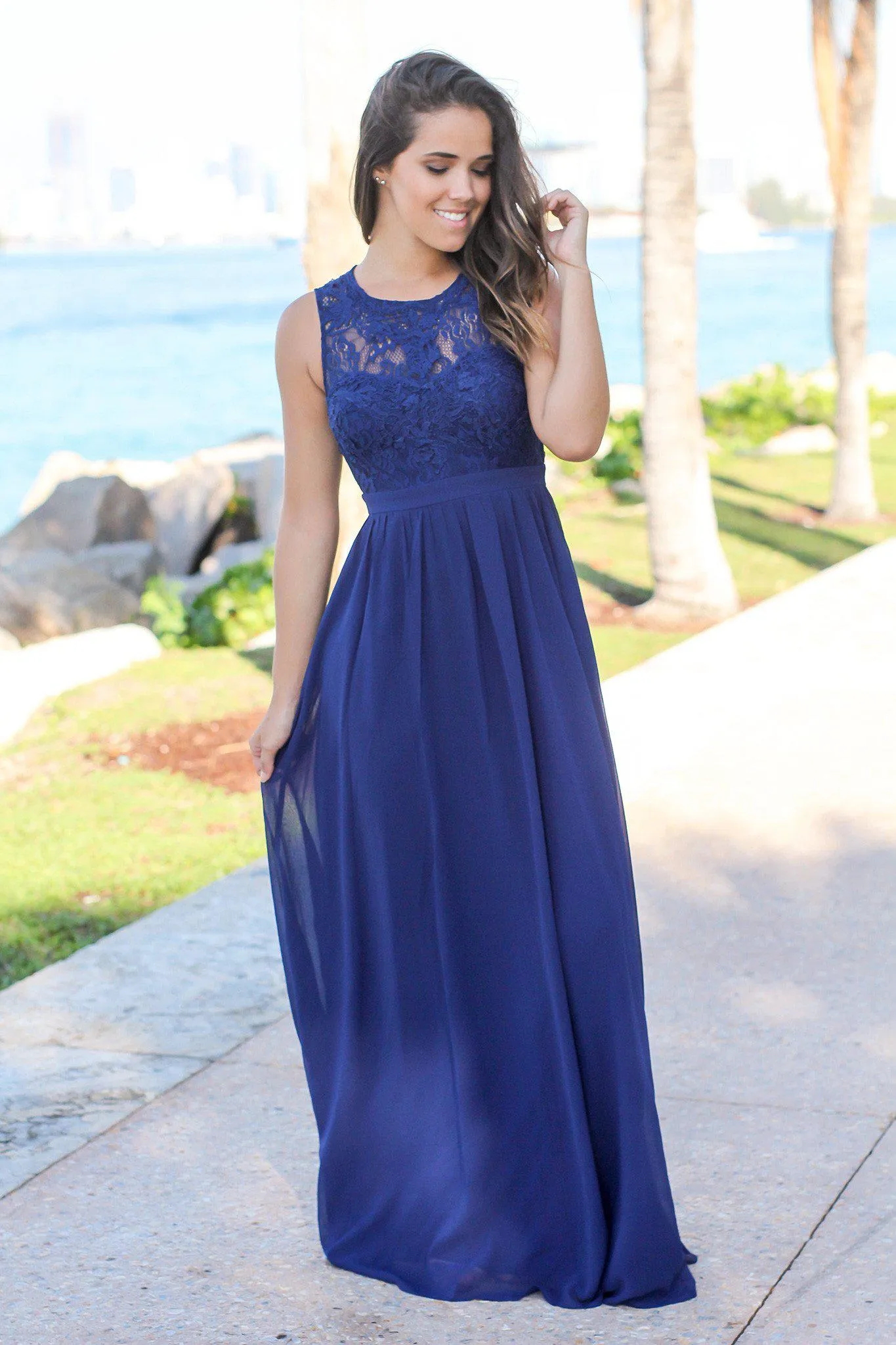 Navy Chiffon Maxi Dress with Lace Top