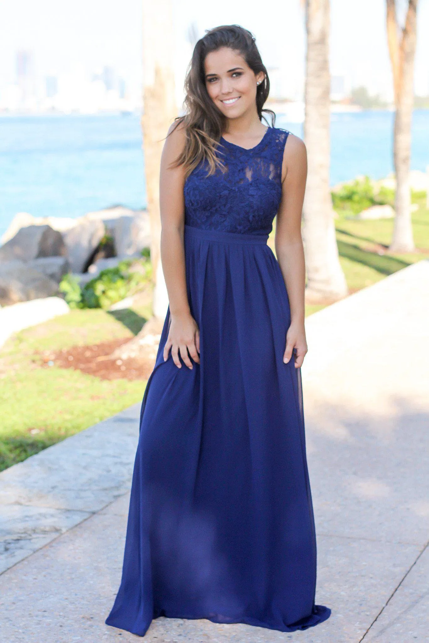 Navy Chiffon Maxi Dress with Lace Top