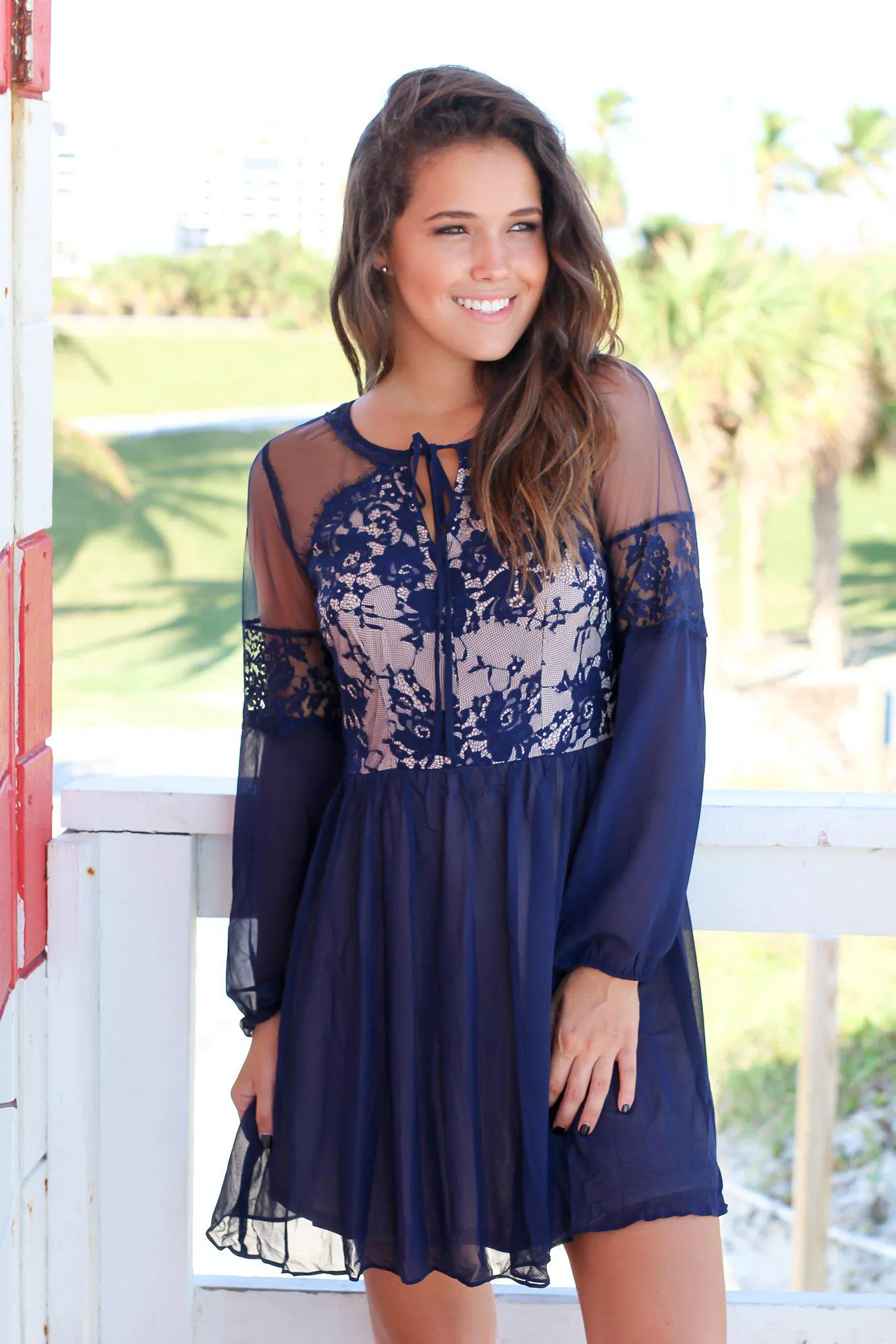 Navy Long Sleeve Short Dress with Lace Top