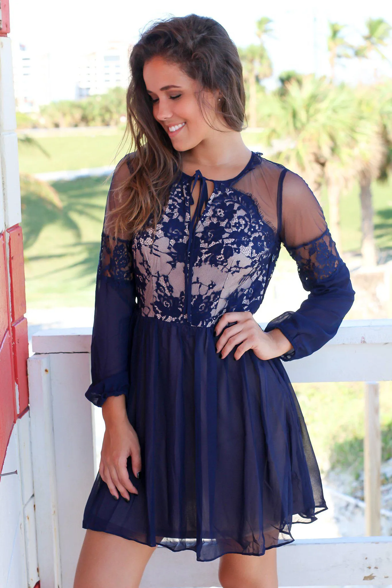 Navy Long Sleeve Short Dress with Lace Top