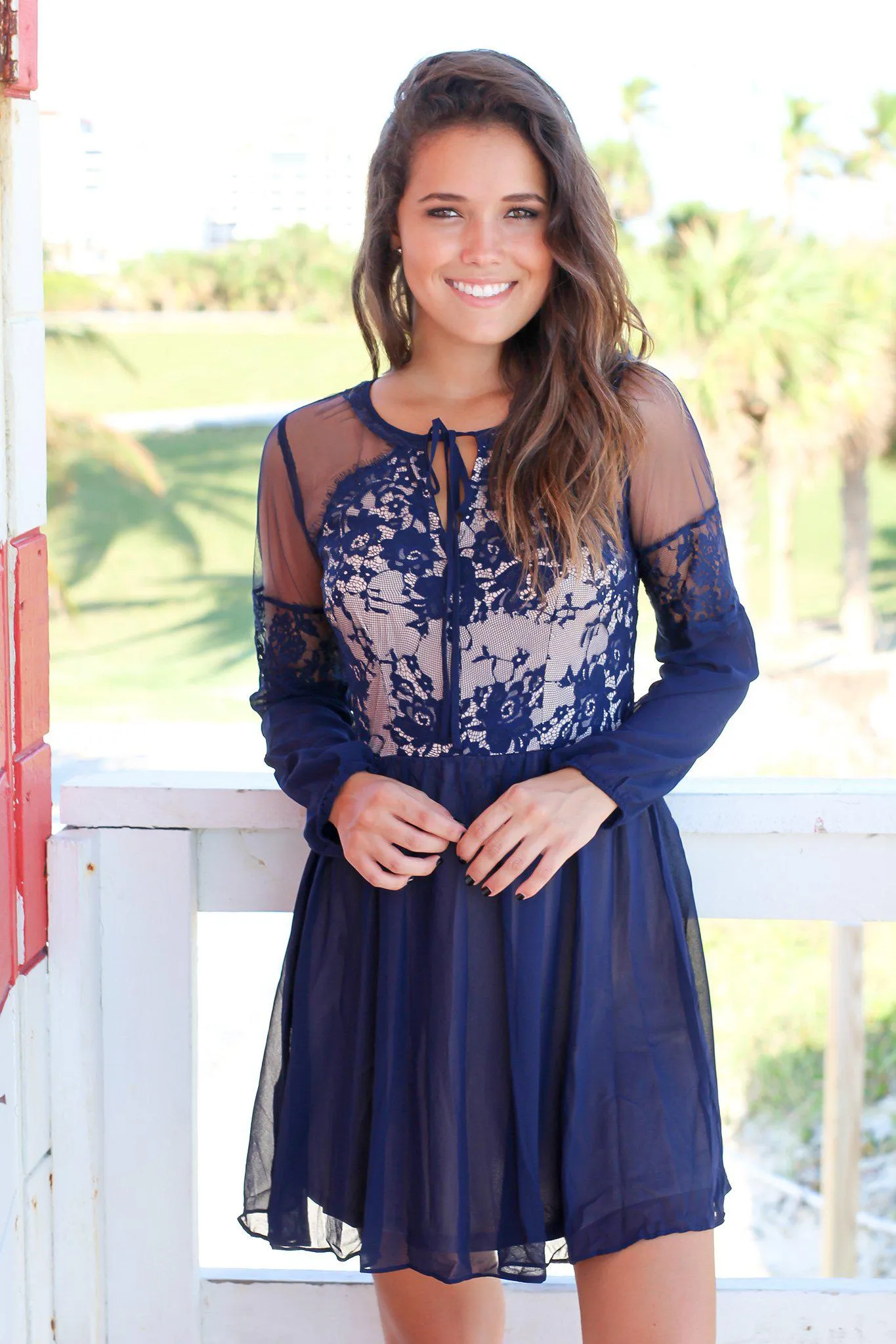 Navy Long Sleeve Short Dress with Lace Top