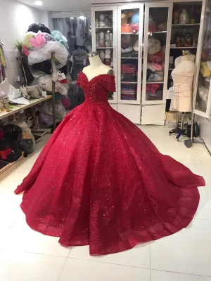 Off Shoulder Dress Off Shoulder Red Dress Red Glitter Fabric Red Ballgown Dress Prom Dress