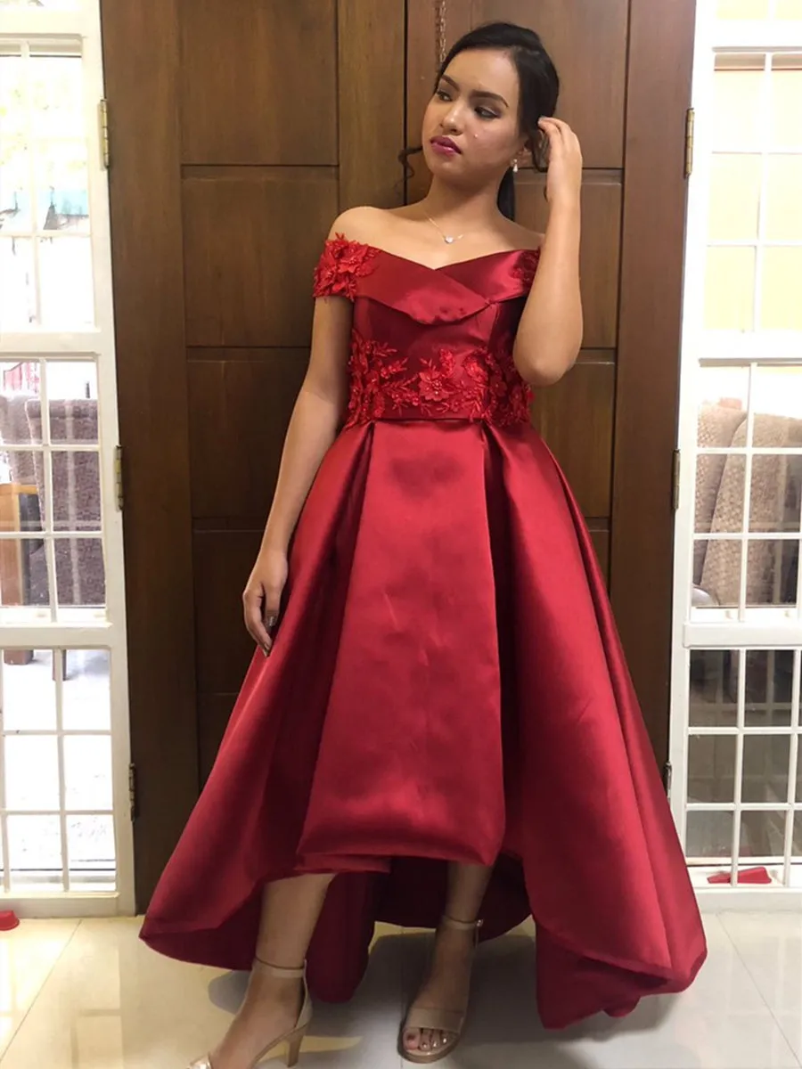 Off Shoulder High Low Satin Lace Burgundy Prom with Appliques, Burgundy Lace Formal, Homecoming, Graduation