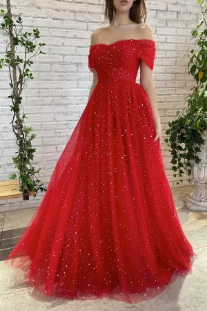 Off Shoulder Red Tulle Sequins Long Prom Dress, Long Red Formal Graduation Evening Dress A1559