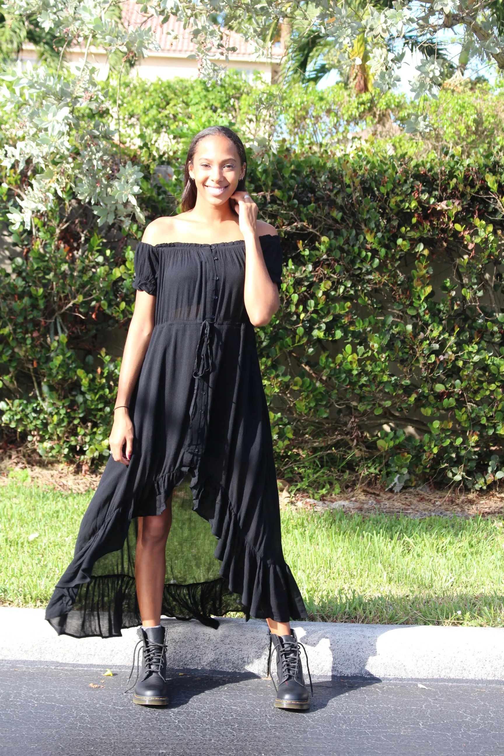 Off the Shoulder High Low Dress, Black