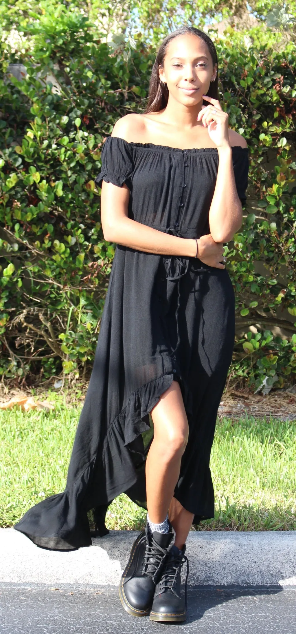 Off the Shoulder High Low Dress, Black