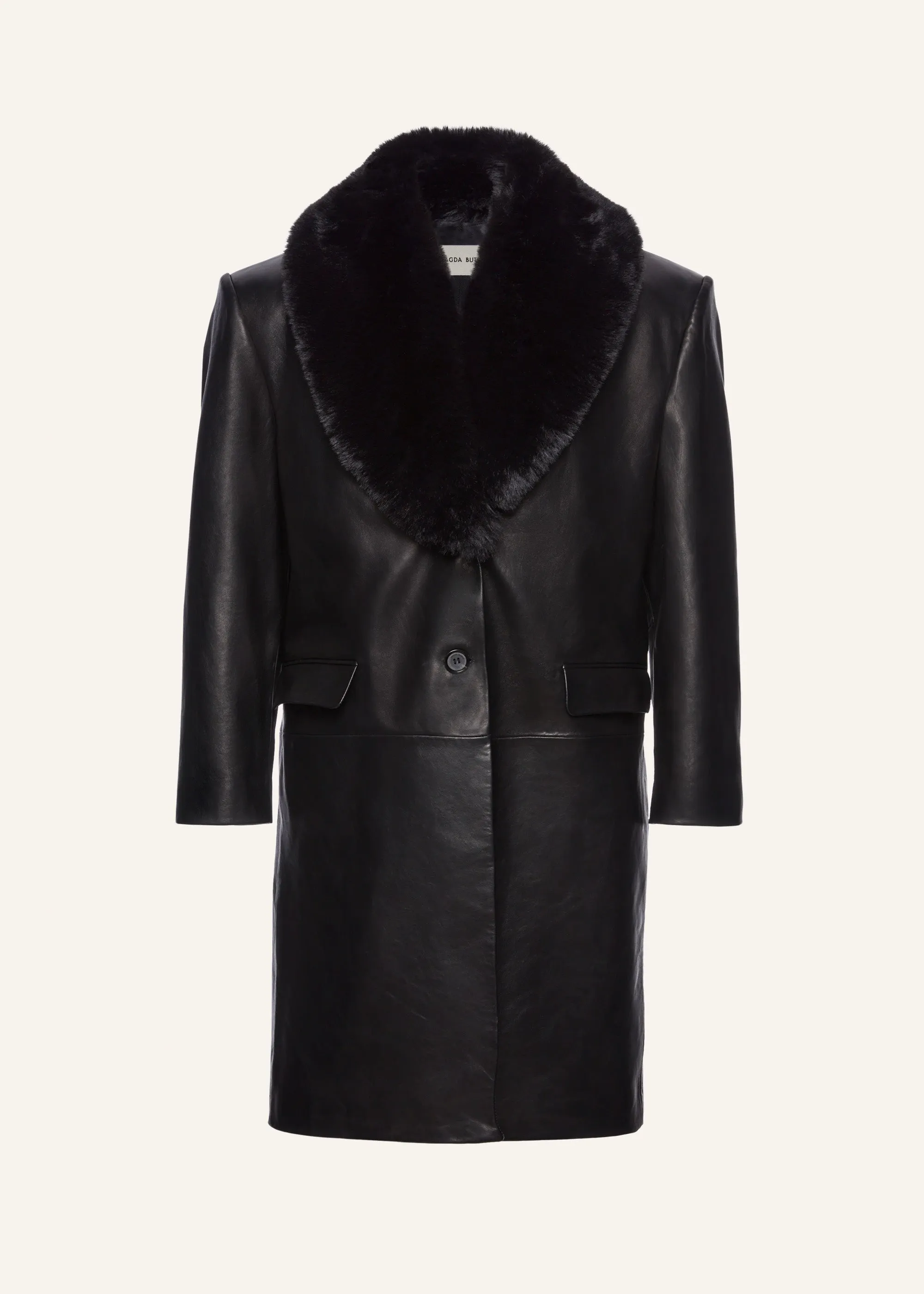 Oversized classic midi coat in black leather with faux fur