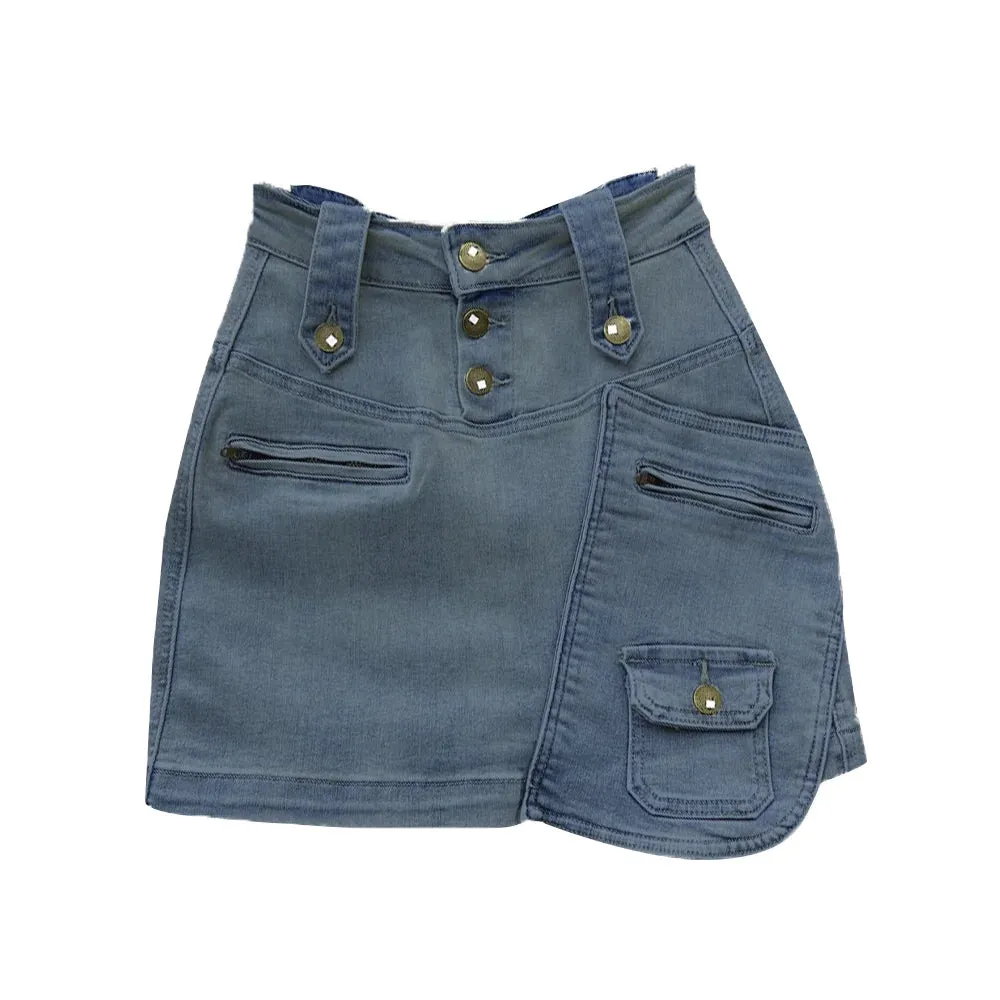 Patchwork Button Denim Skirts For Women High Waist Spliced Pockets Solid Casual A Line Mini Skirt Female Fashion