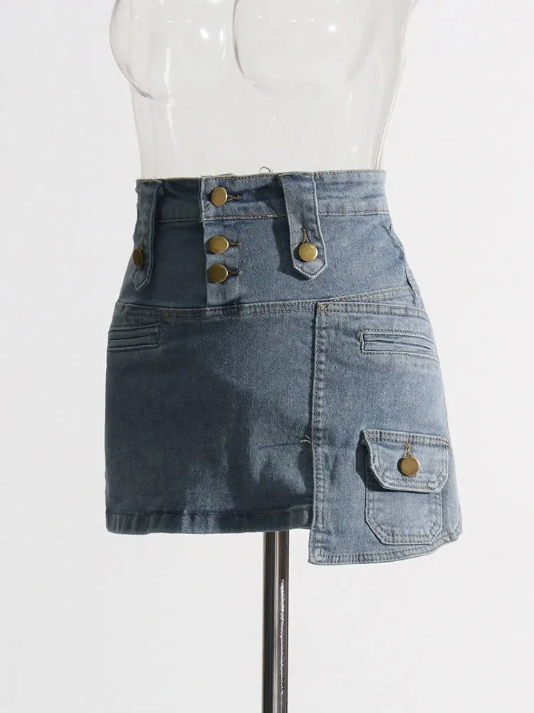 Patchwork Button Denim Skirts For Women High Waist Spliced Pockets Solid Casual A Line Mini Skirt Female Fashion