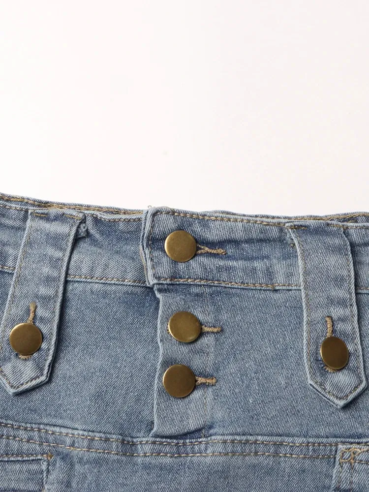 Patchwork Button Denim Skirts For Women High Waist Spliced Pockets Solid Casual A Line Mini Skirt Female Fashion