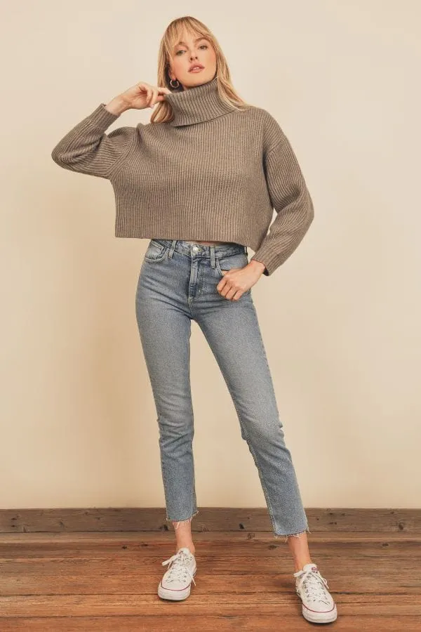 Pewter Chunky Ribbed Knit Cropped Turtleneck Sweater Top