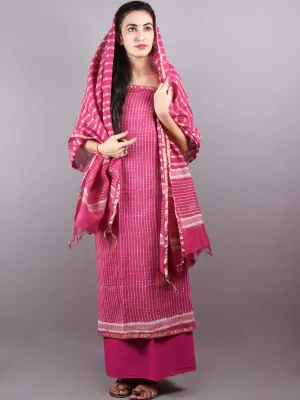 Pink White Hand Block Printed Chanderi Unstitched Kurta & Chanderi Dupatta With Cotton Salwar - S1628009