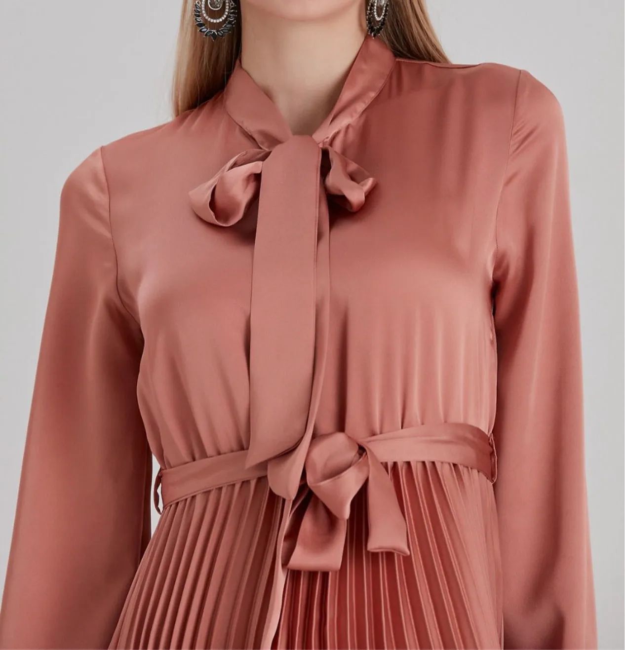 Pleated Satin Dress - Peach