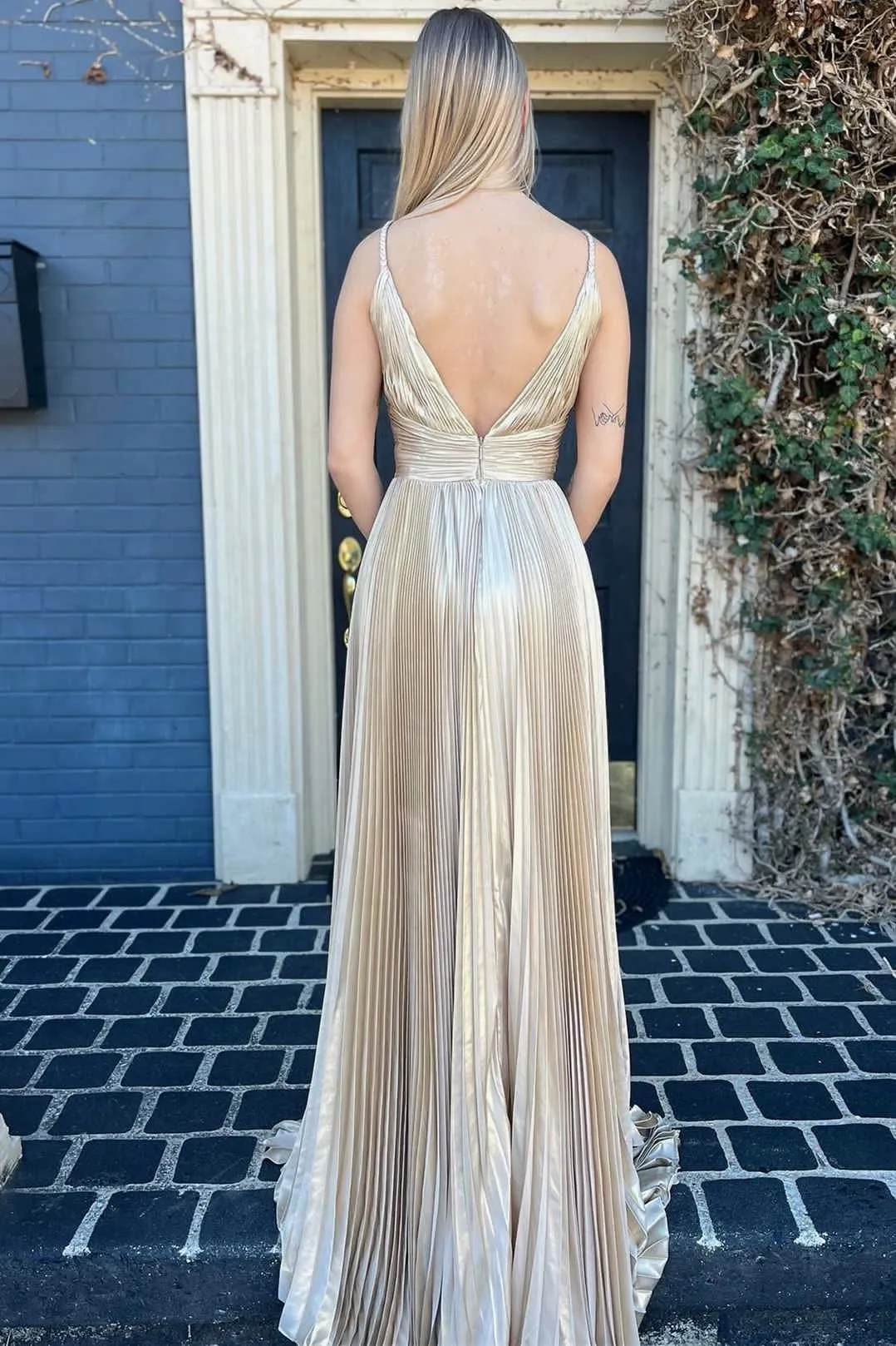 Plunging V-Neck Gold Pleated Long Prom Dress