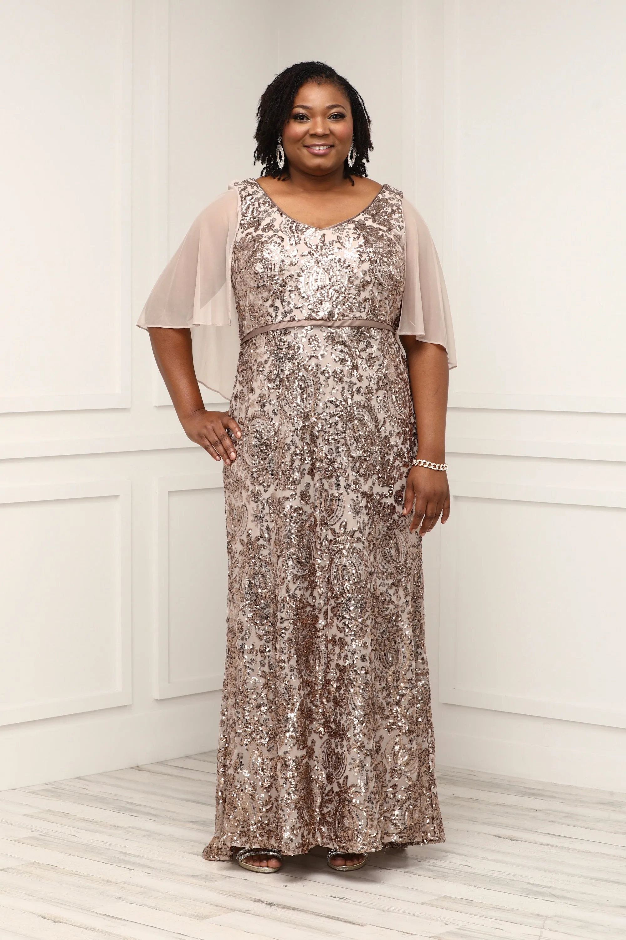 Plus Size Women All Over Sequin Capelet Fishtail  Gown