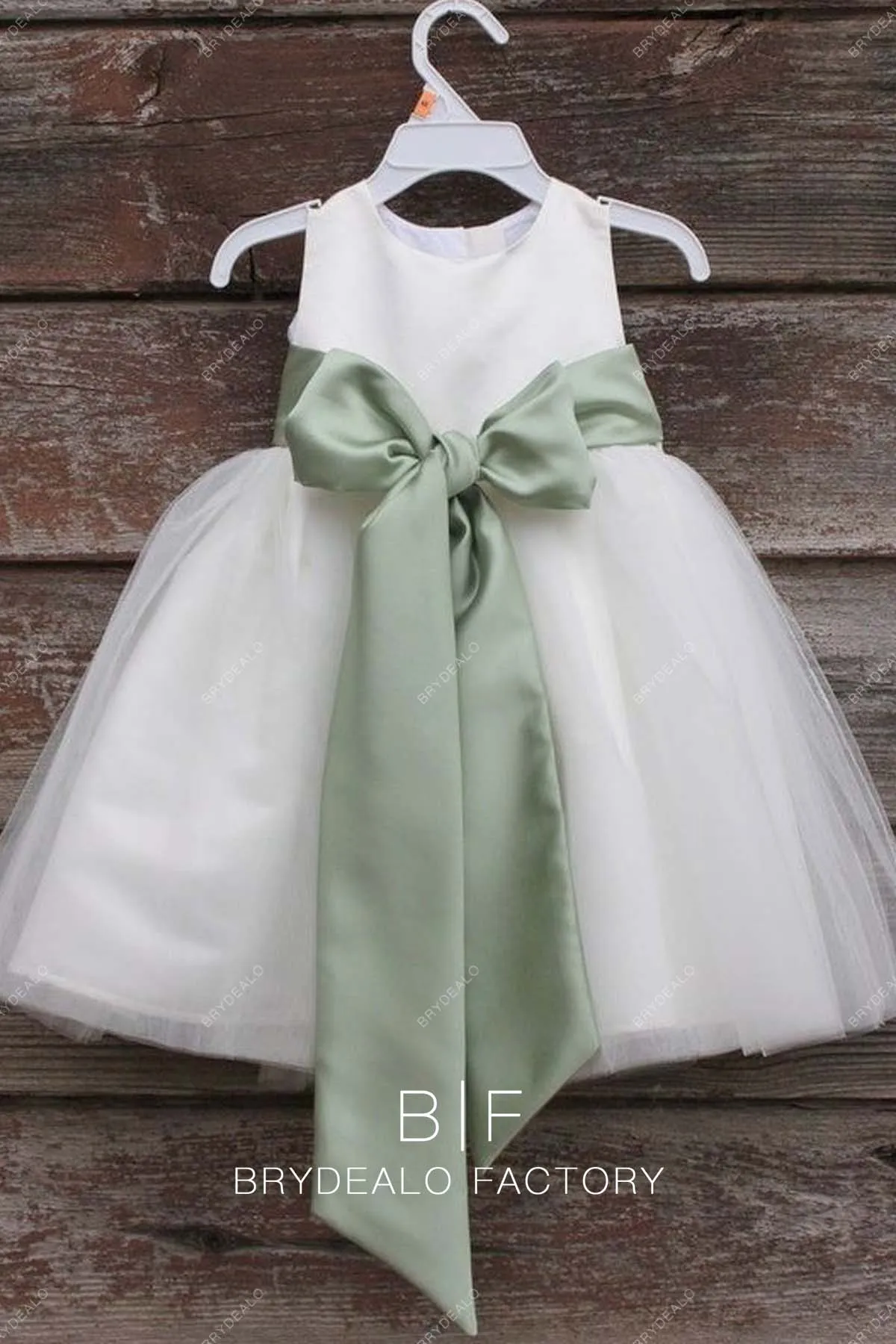 Pretty Sage Big Bowknot White Satin Tulle Flower Girl Dress