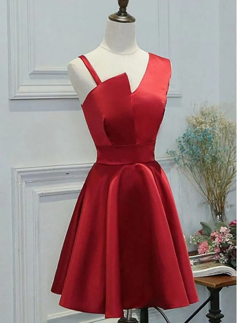 Red One Shoulder Satin Knee Length Homecoming Dress Party Dress Short Prom Dress Formal Dress