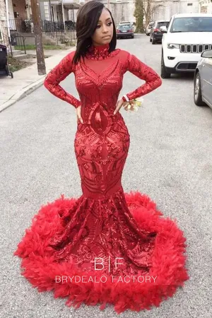 Red Unique Sequin Mermaid Feathered Chapel Train Prom Dress