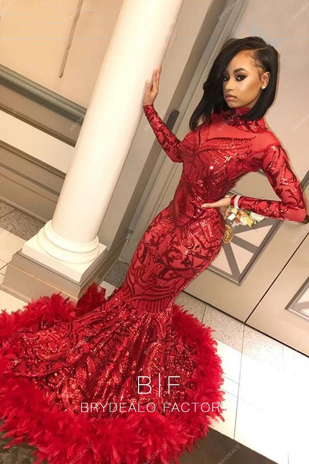 Red Unique Sequin Mermaid Feathered Chapel Train Prom Dress